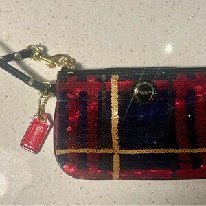 Coach Red and Blue Plaid Sequin Wristlet